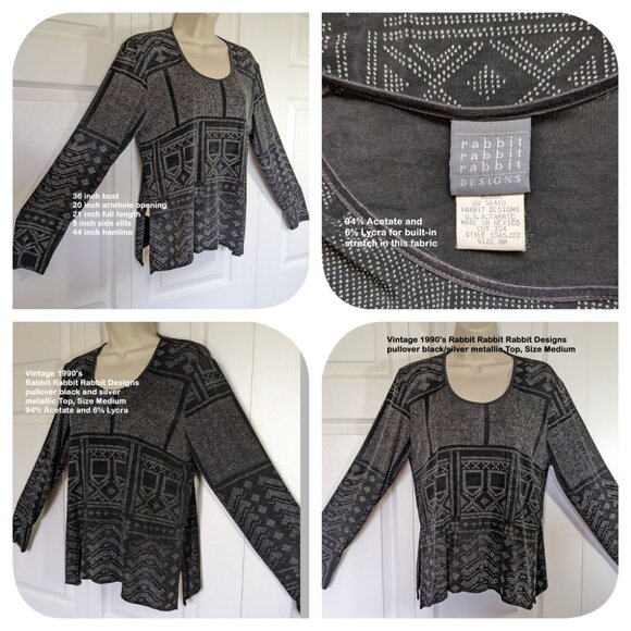 VTG 90's Rabbit Rabbit Rabbit Designs pullover black/silver metallic Top, Sz Med - Picture 6 of 11